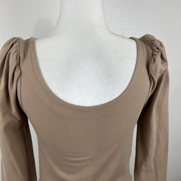 Free People Blouse Women Medium Brown Puff Sleeve Corset Tie Front Scoop Neck - Picture 13 of 15